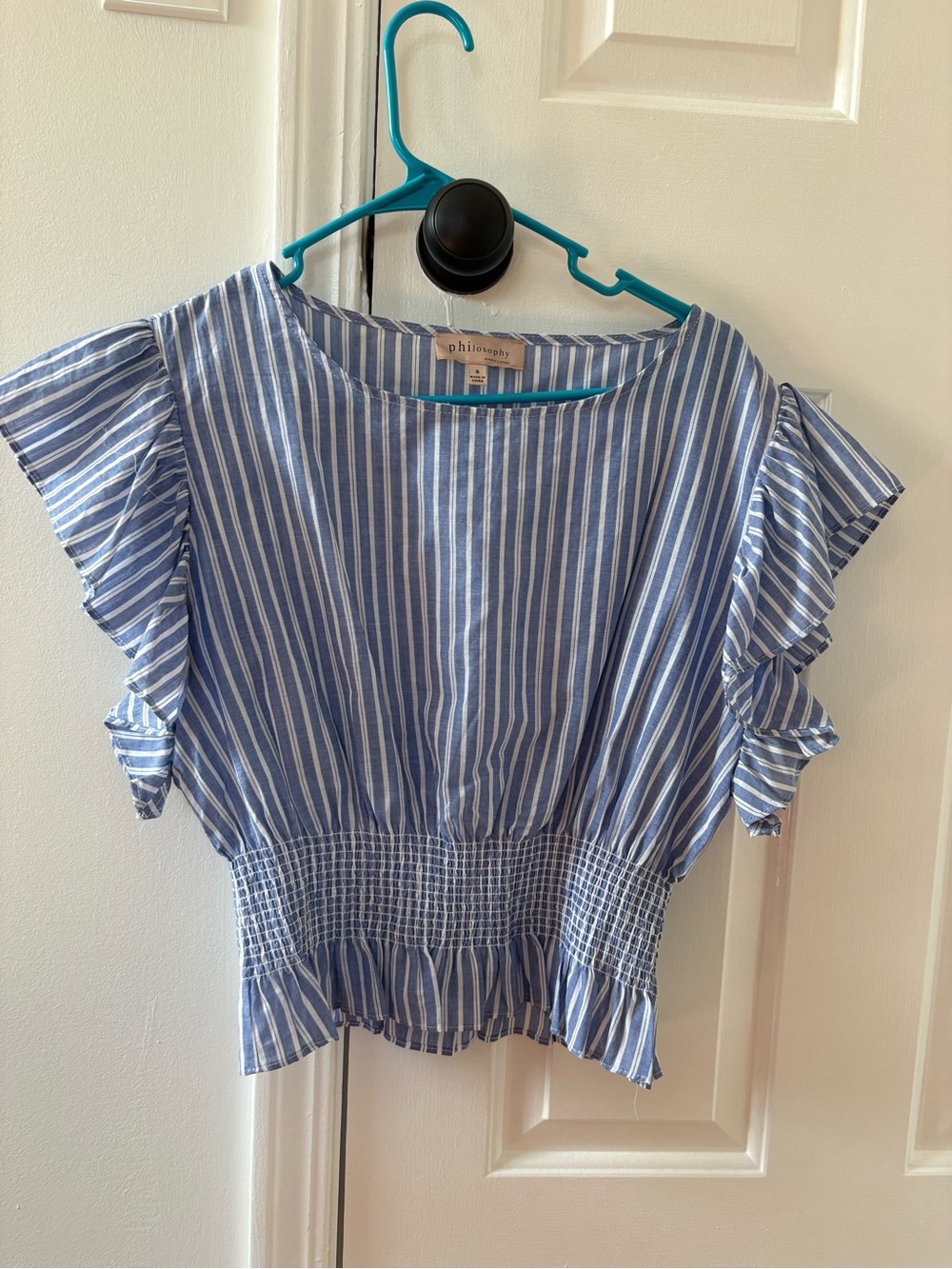 Philosophy Blue and White Striped Smocked Flutter Sleeve Top
